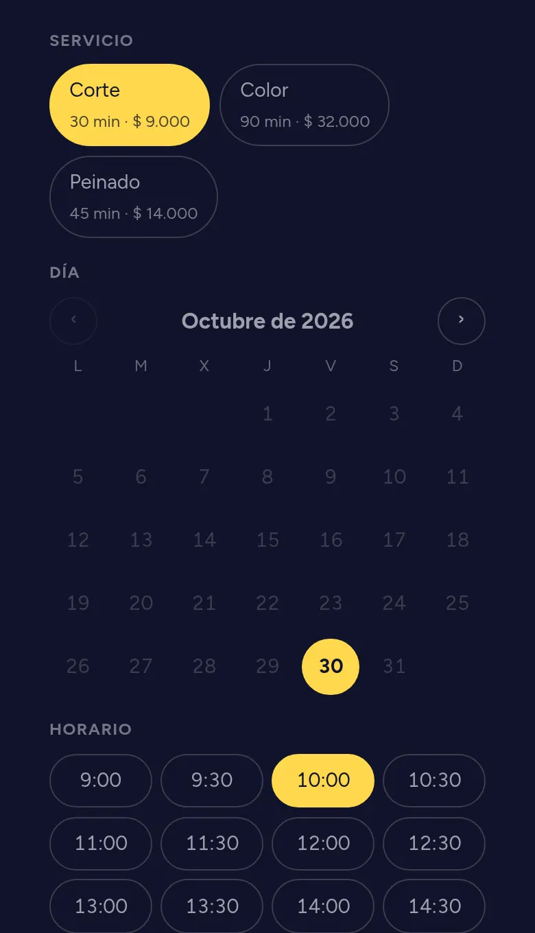 La página de reservas de una barbería en un celular: servicios, calendario y horarios libres